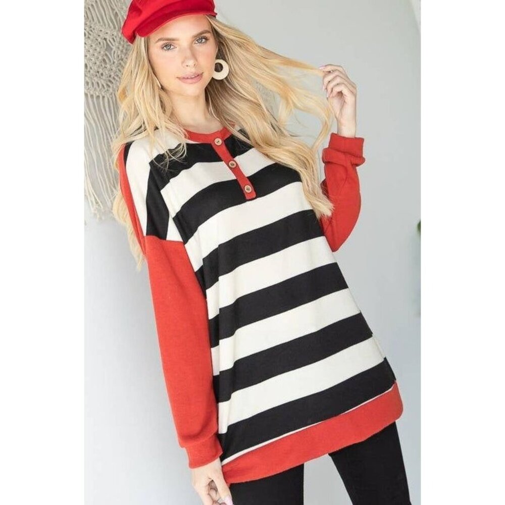 Jade By Jane Striped Long Sleeve Tunic Top 1XL Red & Black With Button Detail